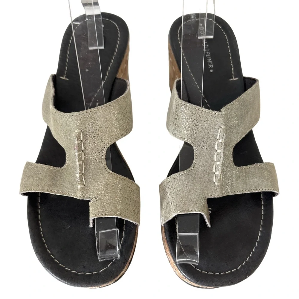Donald Pliner Shelee2 Metallic Silver Cork Wedge Sandals Size 10 Leather Suede